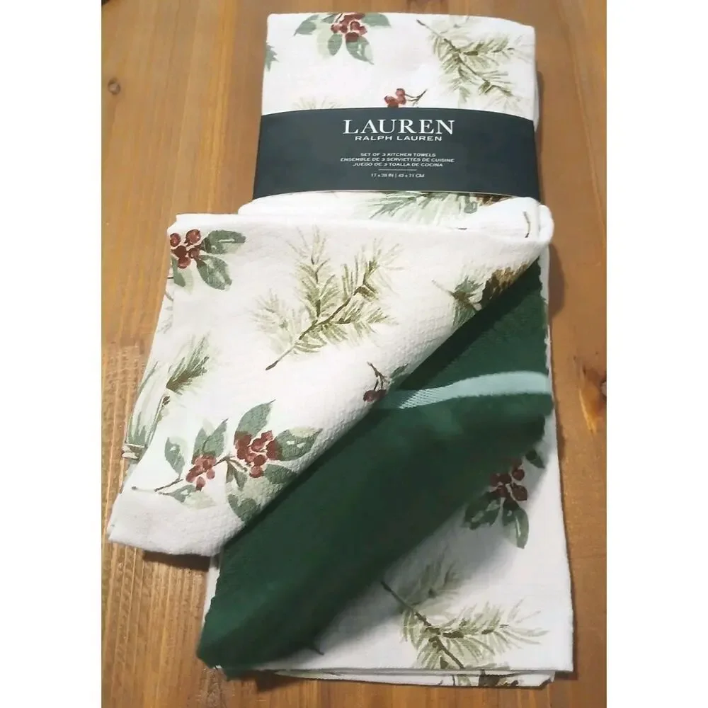 3-Pack Ralph Lauren Home Cotton Kitchen Towels Pinecones/Holly Multi 17x28 in